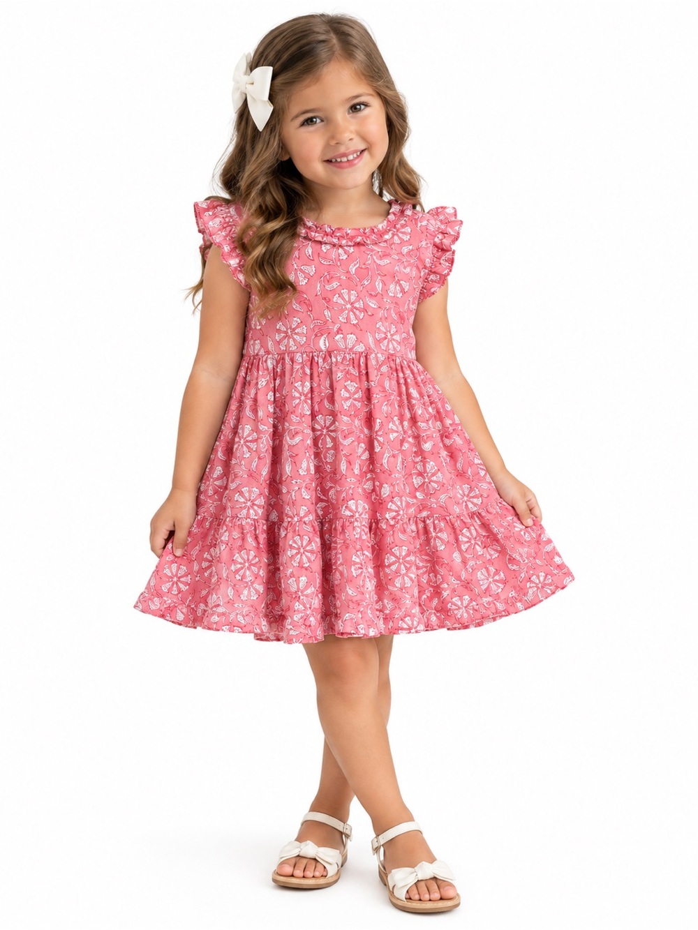 Mer St. Barth Girls Pink Floral Ruffle Dress Size 4 Cotton Tiered Sundres
